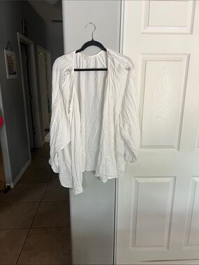 Angels White Lightweight Open-Front Crochet Trim Shirt